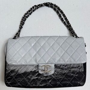 Chanel Melrose Degrade Flap Bag Quilted Patent Gray vegan Leather Shoulder Bag